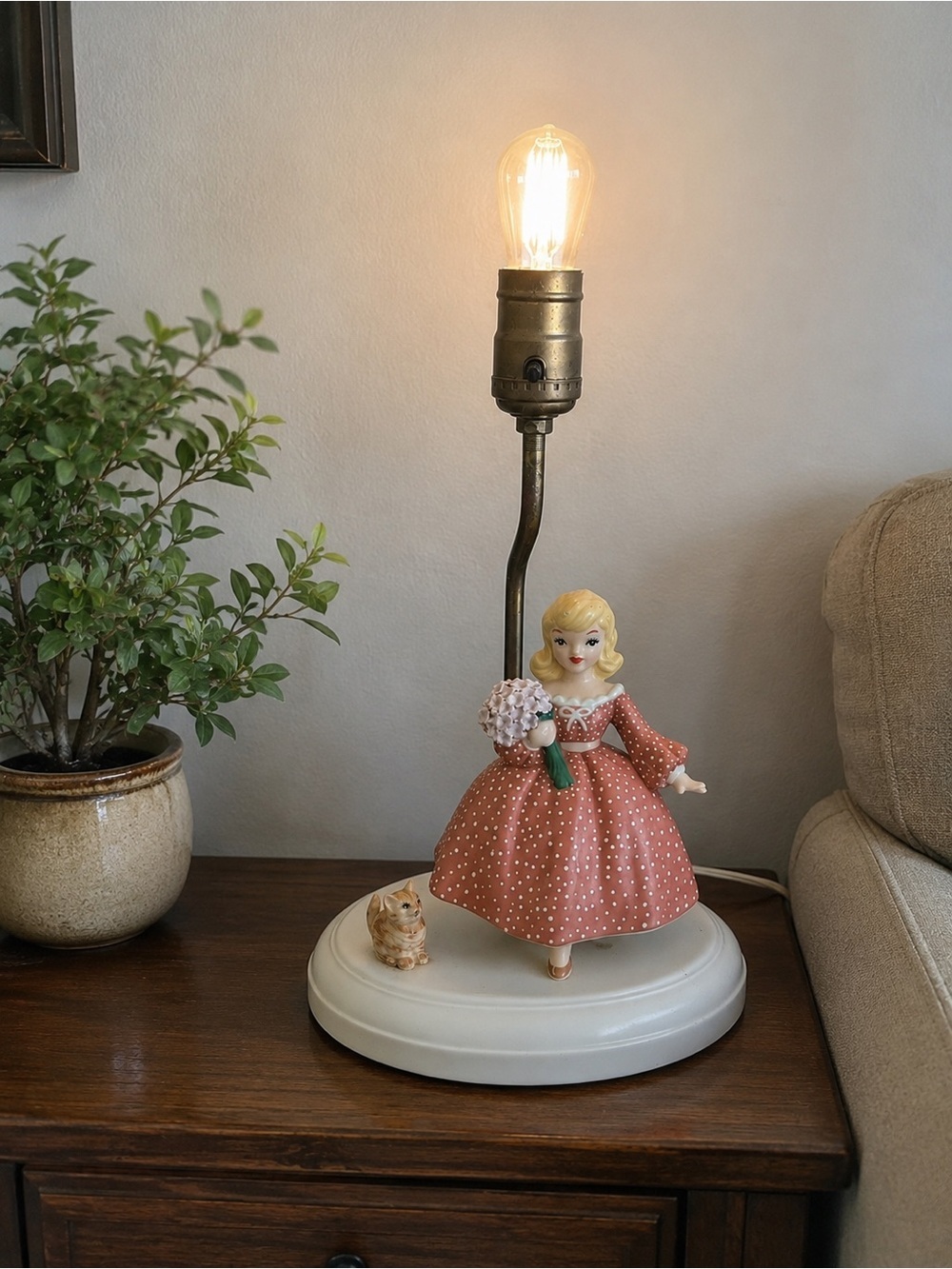 Vintage 1950s - 60s Ceramic Doll Table Lamp in Pink Polka Dot Dress